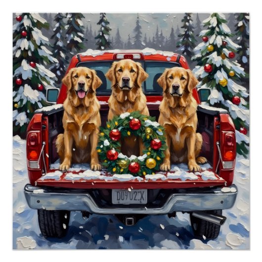 Golden Retriever Christmas Red Truck Holiday ポスター (正面)