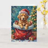 Golden Retriever Christmas Santa Bag Adventure カード (黄色い花)