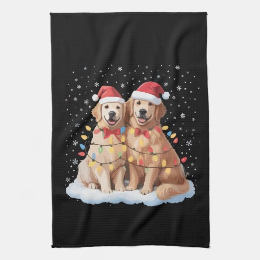 Golden Retriever Christmas Santa Hat Reindeer  キッチンタオル (縦)