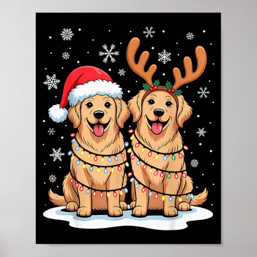 Golden Retriever Christmas Santa Hat Reindeer Ligh ポスター (正面)