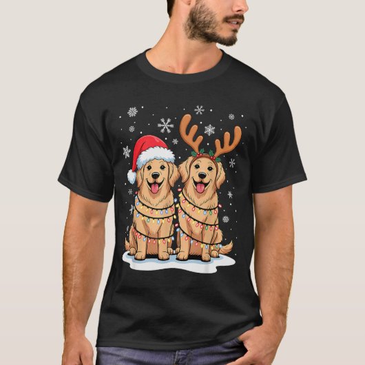 Golden Retriever Christmas Santa Hat Reindeer Ligh Tシャツ (正面)