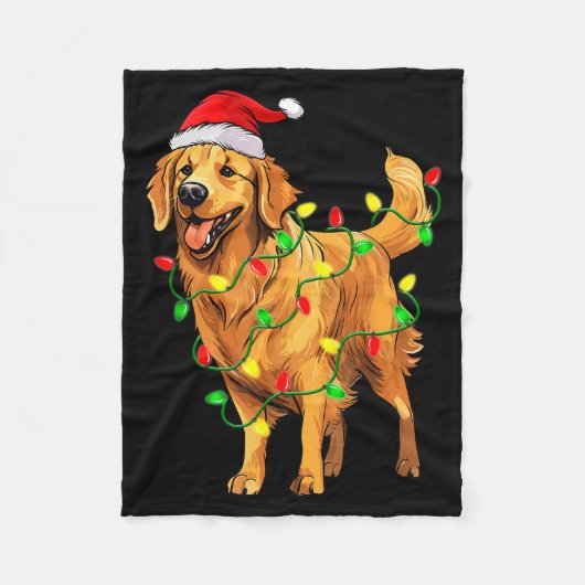 Golden Retriever Christmas Santa Hat Tree Lights P フリースブランケット (正面)