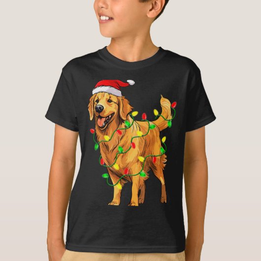 Golden Retriever Christmas Santa Hat Tree Lights P Tシャツ (正面)