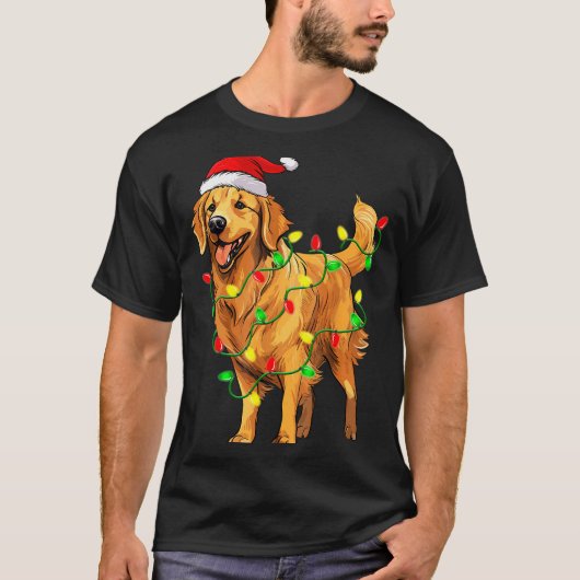Golden Retriever Christmas Santa Hat Tree Lights P Tシャツ (正面)