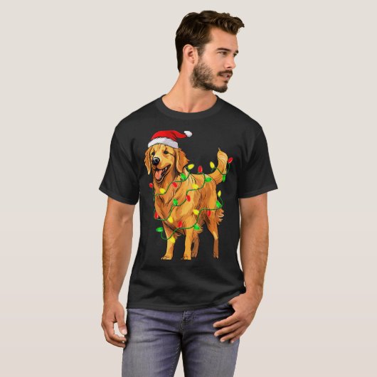 Golden Retriever Christmas Santa Hat Tree Lights P Tシャツ (正面フル)