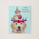 Golden Retriever Custom Kids' Birthday ジグソーパズル<br><div class="desc">Super cute design featuring a golden retriever with a very special little friend. Great for a child's birthday. Personalize the name and have fun! Many thanks for looking!</div>