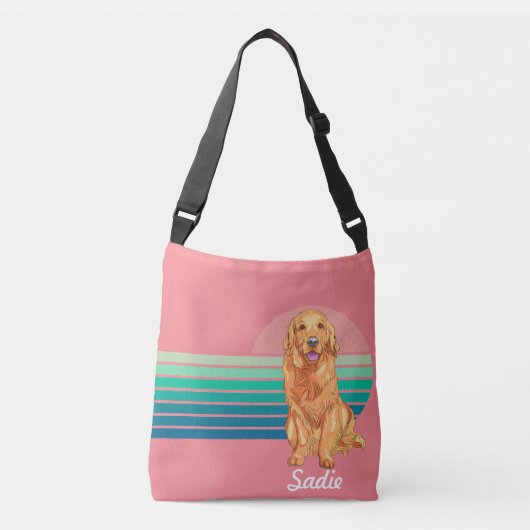Golden Retriever Custom Name Retro Stripe Pink クロスボディバッグ (正面)