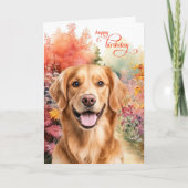 Golden Retriever Dog Birthday Wishes Flower Garden カード (正面)