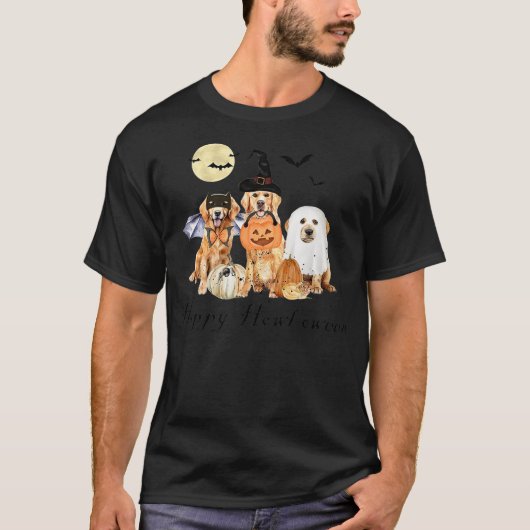 Golden Retriever Dog Ghost Halloween Witch And Bat Tシャツ (正面)