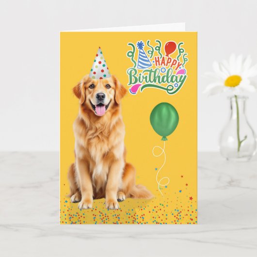 Golden Retriever Dog Party Hat Yellow Birthday カード (小さな植物)