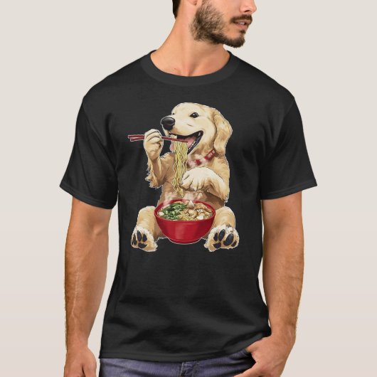 Golden Retriever Dog Ramen Japanese Noodles Tシャツ (正面)