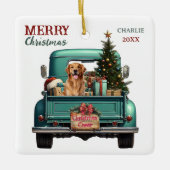 Golden Retriever Dog Retro Truck Christmas セラミックオーナメント (正面)