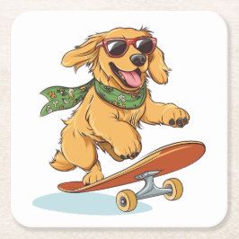 Golden Retriever Dog Skateboarding スクエアペーパーコースター