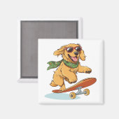 Golden Retriever Dog Skateboarding マグネット (正面/裏面)