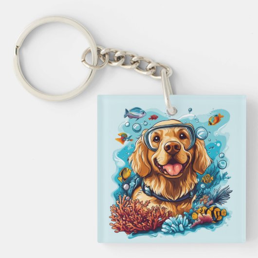 Golden Retriever Dog Snorkeling Coral Reef キーホルダー (正面)