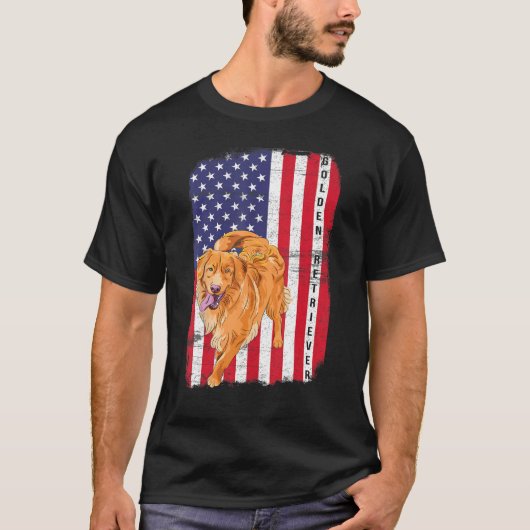 Golden Retriever Dog US Flag Happy July 4th Americ Tシャツ (正面)