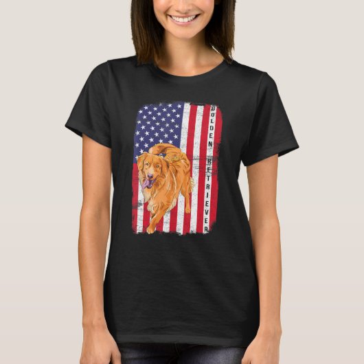 Golden Retriever Dog US Flag Happy July 4th Americ Tシャツ (正面)