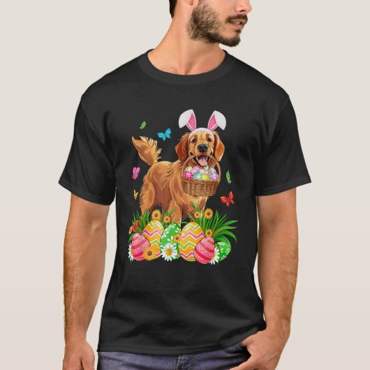 Golden Retriever Dog With Bunny Ears Egg Basket Ea Tシャツ (正面)