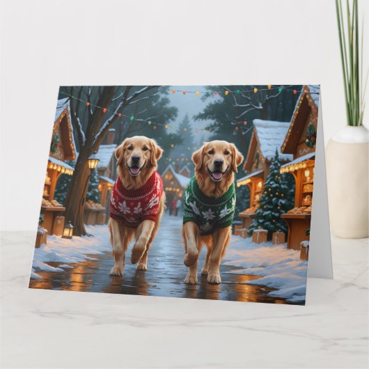 Golden Retriever Dogs Christmas Snow Holiday カード (正面)