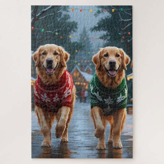 Golden Retriever Dogs Christmas Snow Holiday ジグソーパズル (縦)