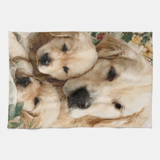 Golden Retriever Family Puppies Vintage Christmas キッチンタオル