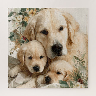 Golden Retriever Family Puppies Vintage Christmas ジグソーパズル