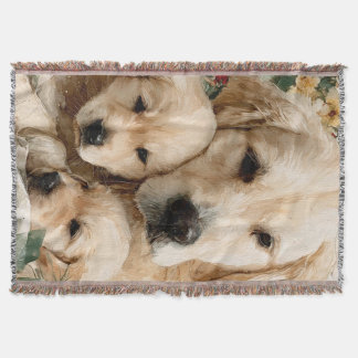 Golden Retriever Family Puppies Vintage Christmas スローブランケット