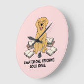Golden Retriever Fetching Ideas Book Lover Pink ラージ壁時計 (傾斜)