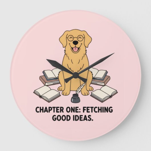 Golden Retriever Fetching Ideas Book Lover Pink ラージ壁時計 (正面)