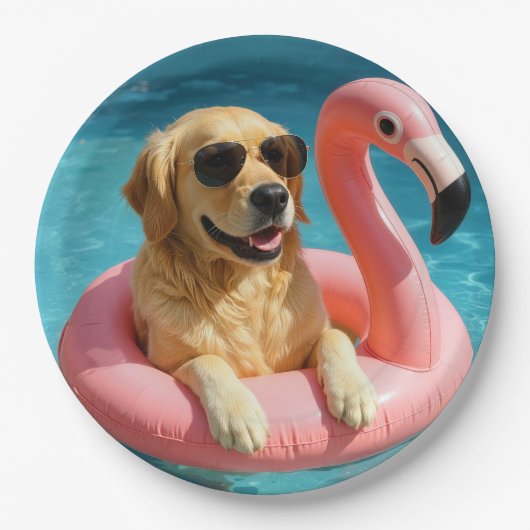 Golden Retriever Floating On a Flamingo Pool Toy ペーパープレート (正面)