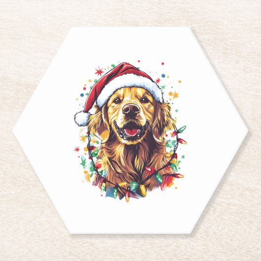 Golden Retriever Funny dog Christmas Santa Hat lig ペーパーコースター (正面)
