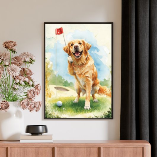 Golden Retriever Golf Watercolor Poster キャンバスプリント