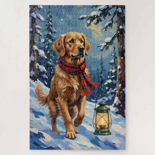 Golden Retriever Guiding Light in Snowy Forest ジグソーパズル (縦)