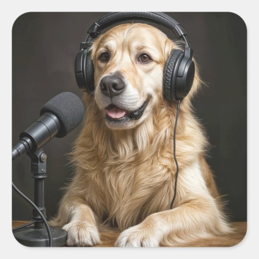 Golden Retriever Hosting a Podcast スクエアシール (正面)