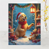Golden Retriever in Santa’s Workshop Christmas カード (黄色い花)
