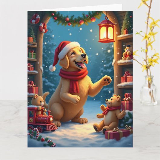 Golden Retriever in Santa’s Workshop Christmas カード (黄色い花)