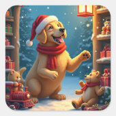 Golden Retriever in Santa’s Workshop Christmas スクエアシール (正面)