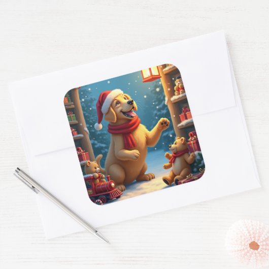 Golden Retriever in Santa’s Workshop Christmas スクエアシール (封筒)