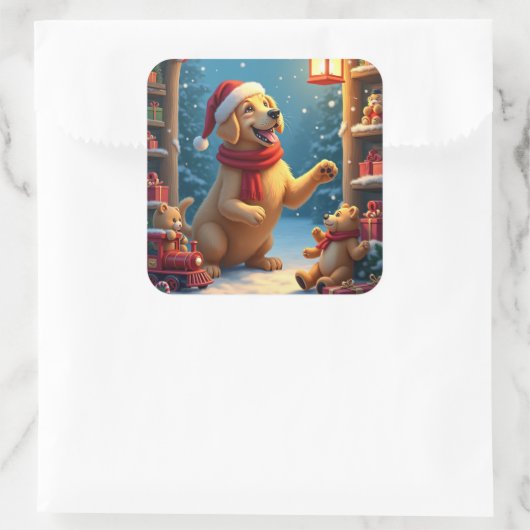 Golden Retriever in Santa’s Workshop Christmas スクエアシール (バッグ)