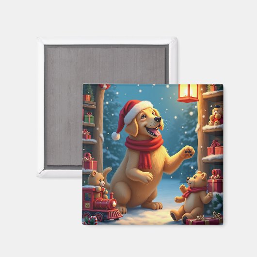 Golden Retriever in Santa’s Workshop Christmas マグネット (正面/裏面)