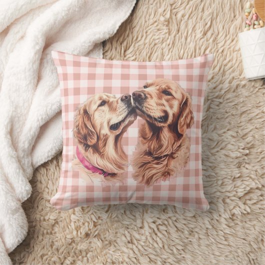 Golden Retriever Love Gingham Pattern クッション (ブランケット)