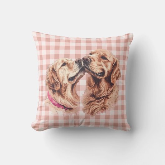 Golden Retriever Love Gingham Pattern クッション (正面)