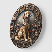 Golden Retriever Meadow Bronze Style ラージ壁時計 (傾斜)