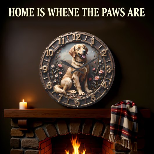 Golden Retriever Meadow Bronze Style ラージ壁時計