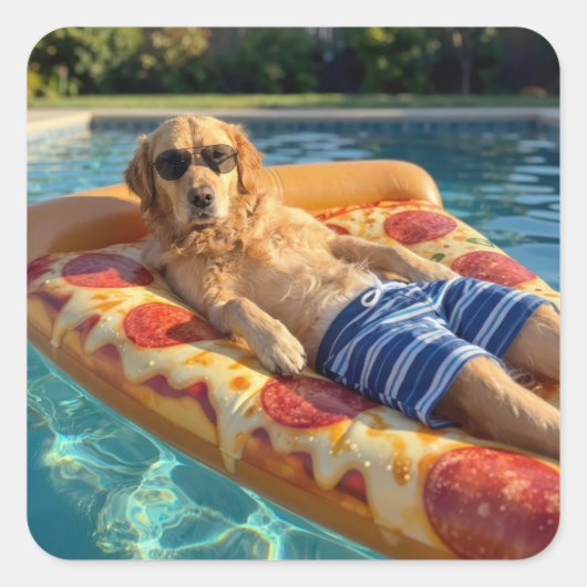 Golden Retriever on a Pizza Slice Pool Float スクエアシール (正面)