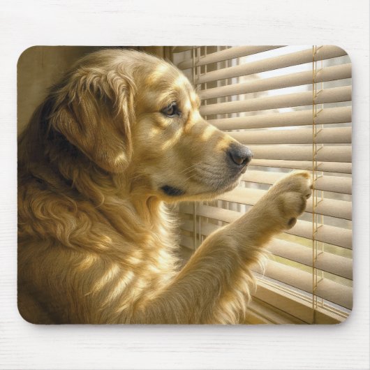 Golden Retriever Peeking Through Sunlit Blinds マウスパッド (正面)