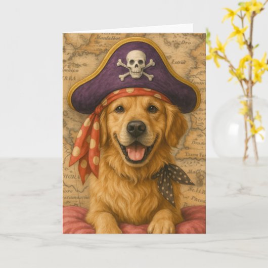 Golden Retriever Pirate カード (黄色い花)