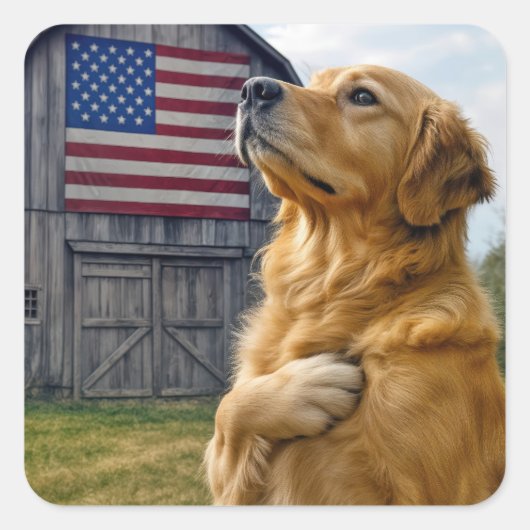 Golden Retriever Pledging Allegiance スクエアシール (正面)