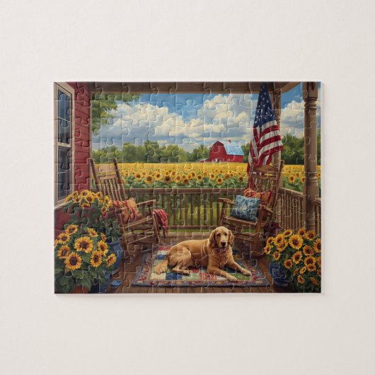 Golden Retriever Porch Sunflowers USA Flag ジグソーパズル (横)