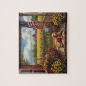 Golden Retriever Porch Sunflowers USA Flag ジグソーパズル (縦)